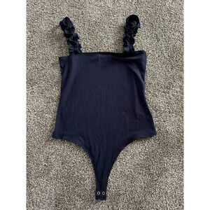 Emmer & Oat Bodysuit Womens Size L Navy Blue Ribbed Ruffle Strap Thong